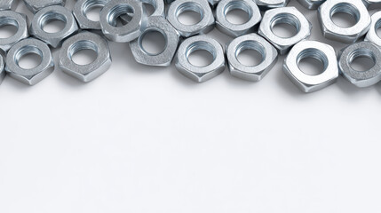 Pile of shiny metallic nuts with hexagonal shape on white background creating industrial texture