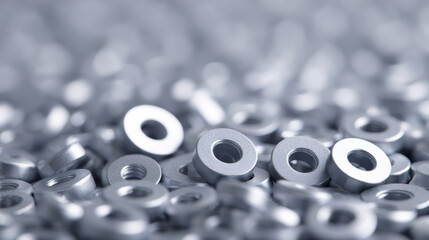 Pile of metallic nuts and washers forming texture background with shiny silver metal and industrial feel