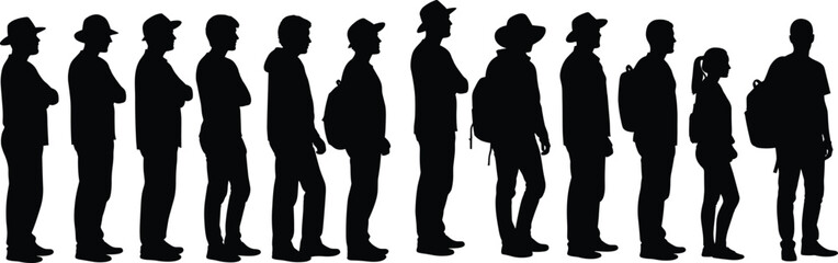 Silhouette people standing in line illustration, diverse crowd concept, social behavior, community diversity, lifestyle artwork, collective identity, human posture design