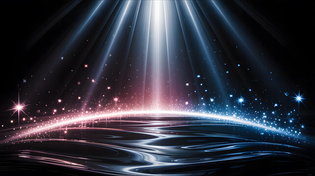 Futuristic sci fi stage with dramatic blue and pink spotlights and glowing energy beams