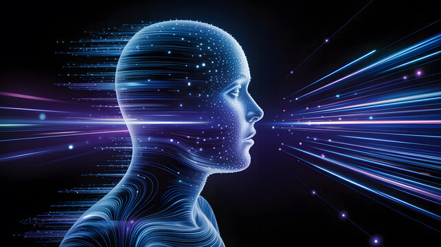 Futuristic ai consciousness concept with glowing blue digital data streams flowing through a human head silhouette
