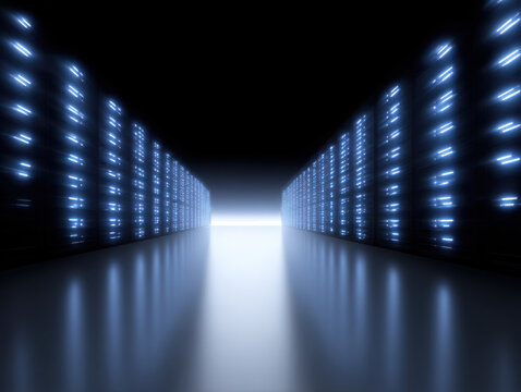 Rows of digital servers glowing in blue corridor symbolize advanced technology and data storage in futuristic setting