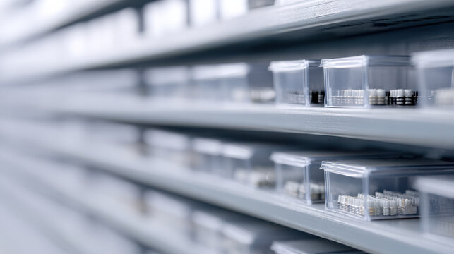 Shelves of transparent storage bins filled with electronic components create organized and clean workspace with cool blue tone