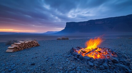 Fototapeta premium Desert campfire burning brightly, wood stack beside, mesas in dusky background