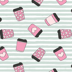 Coffee cups with hearts pattern. Doodle background for kitchen textile, fabric, paper. Sketch style hand drawn illustration. Cute take away cups. Hot cup of drink for breakfast 