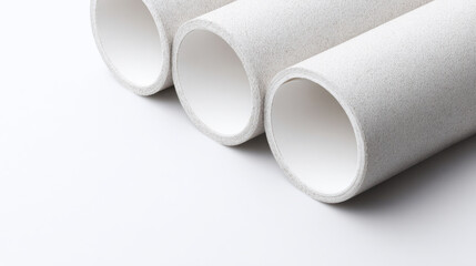 Stack of three white textured paper rolls arranged diagonally on clean white surface with soft lighting and shadows