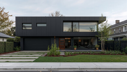 Fototapeta premium Modern black house with a minimalist design and a beautiful green lawn