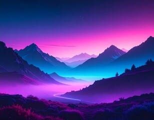 Vibrant Neon Mountain Landscape With Fog and Aurora