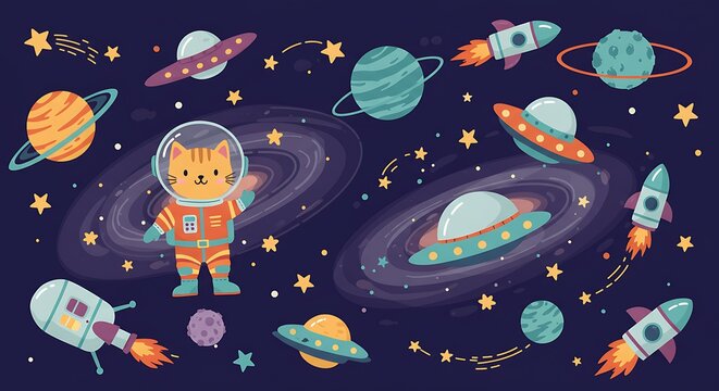 Cute cartoon cat astronaut waving from space among planets, stars, rockets, and UFOs - Powered by Adobe
