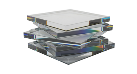Stacked Clear Glass Squares with Iridescent Effect on Transparent Background