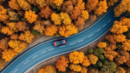 Aerial view of a red convertible driving on a winding road through an autumn forest