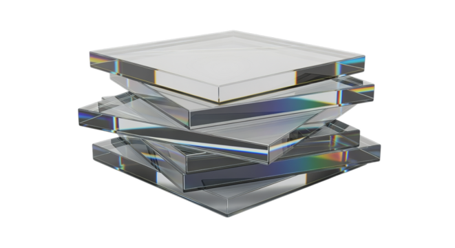 Stacked Clear Glass Squares with Iridescent Effect on Transparent Background