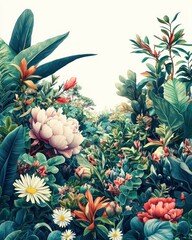 Fototapeta premium Lush foliage featuring large flowers and tropical greenery against white