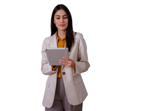 Businesswoman standing, confident professional using digital tablet for modern communication, transparent background