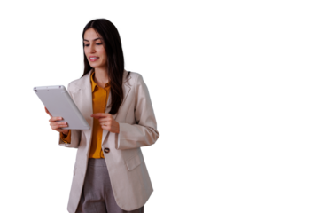 Businesswoman standing and using a tablet, working with modern technology, interacting with a digital device on transparent background