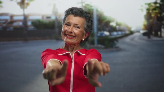 Senior woman with grey hair and red outfit smiling and pointing at the camera on a city street with blurred urban background and palm trees.