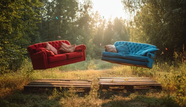 Two comfortable couches float above wooden pallets in a natural outdoor setting with lush green trees and sunlight.