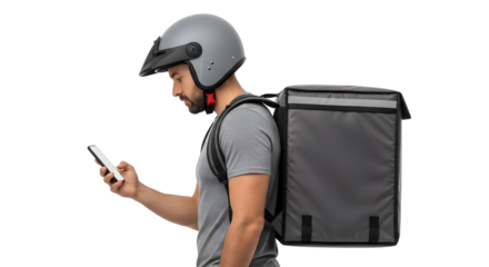 Man with helmet and delivery bag looking at phone on black background in studio shot