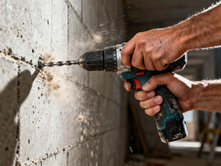 Macro shot of strong masculine hands with traces of scratches and dust firmly gripping powerful cordless drill while drilling into concrete wall with dust cloud around drill bit.