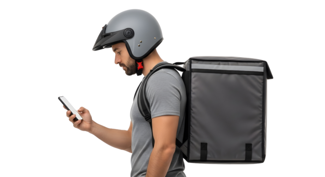 Man with helmet and delivery bag looking at phone on black background in studio shot - Powered by Adobe
