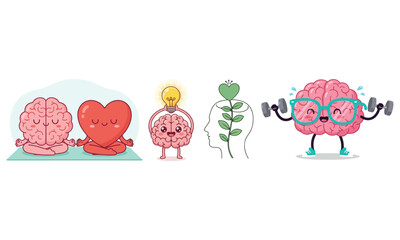 Cute brain and heart cartoon vector illustrations showing mindfulness, creativity, self-care, and growth. Adorable characters meditating, lifting weights, and watering plants to represent mental healt