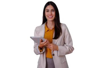 Professional businesswoman holding a tablet, smiling, discussing, using technology for communication and modern business