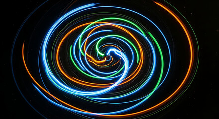 Abstract Swirling Neon Light Trails on Black Background