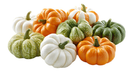 A collection of various colored pumpkins including white orange and green pumpkins on a black background