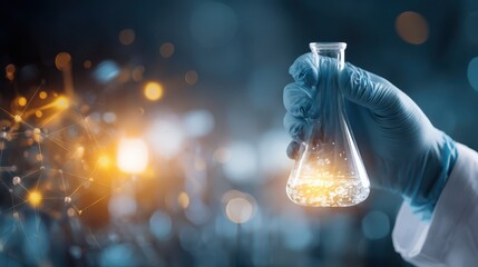 Scientist holding a flask with a chemical substance, conducting research in a laboratory with modern equipment and technology