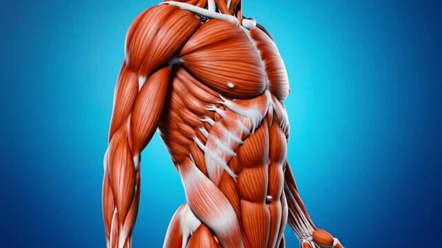 Anatomical illustration showing the muscles of the human torso and arms on a blue background