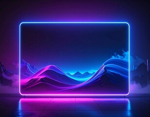 Neon Cyberpunk Mountains Landscape with Glowing Frame