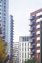 Naklejka premium Cityscape from Belgrade Waterfront: modern apartment buildings of varying designs and heights. Represents mixed housing development, architectural diversity, and contemporary residential complex.