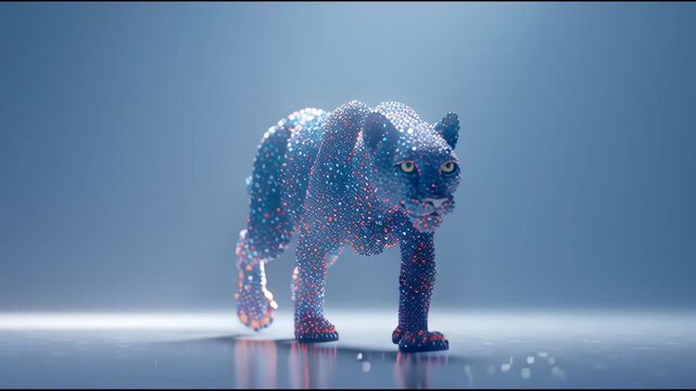 3d render of abstract art with surreal wild king lion panther animal in walk process based on neon glowing curve wavy lines forms in purple red and white color on black background  