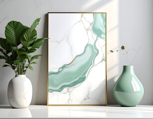 Elegant Abstract Marble Art Print with Green and Gold Accents