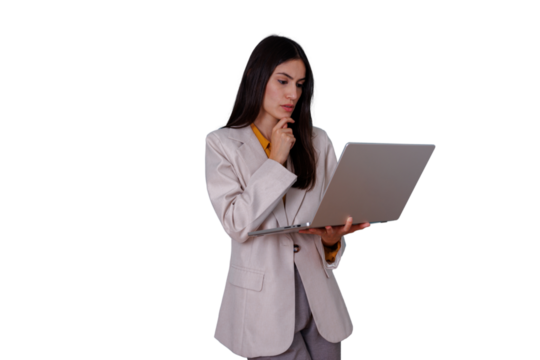 Businesswoman standing, contemplating, working on laptop, analyzing data, problem solving with technology, transparent background