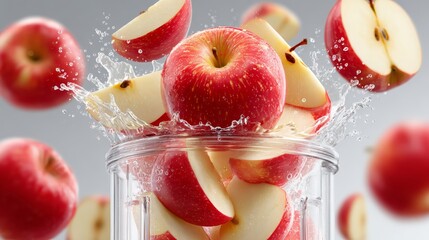 apple slices dropped into juice blender mid spin, fruit blend scene, creating a vibrant and refreshing image perfect for health and culinary themes.