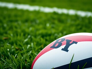 Close-up of a classic rugby ball resting on vibrant green turf, symbolizing the sport's athleticism and team spirit,  sports field,  game