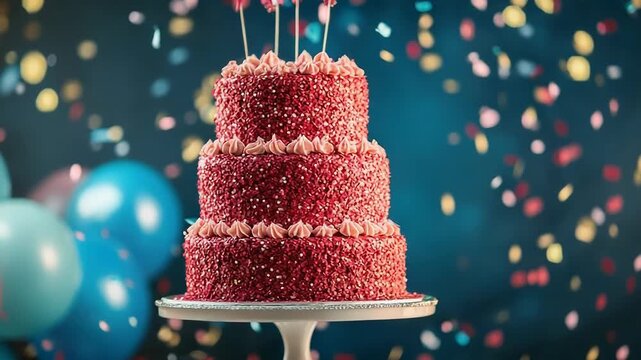 Vibrant threetier cake celebration with sparkling candles and colorful balloons