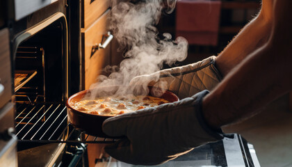 A cook in oven mitts carefully pulls a hot, steaming homemade casserole from the oven