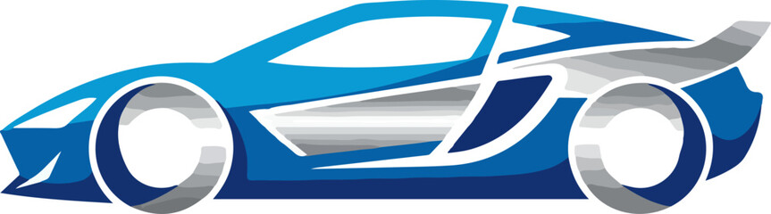 Abstract graphic illustration of a modern blue and silver race car icon.
