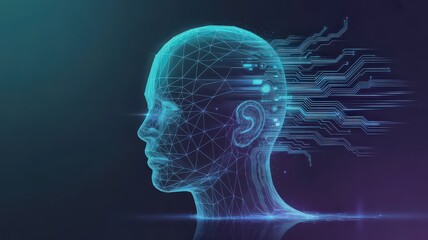 AI Humanoid Face Concept – Digital Robot Head Side View with Glowing Circuit Board Patterns, Artificial Intelligence Agent Background