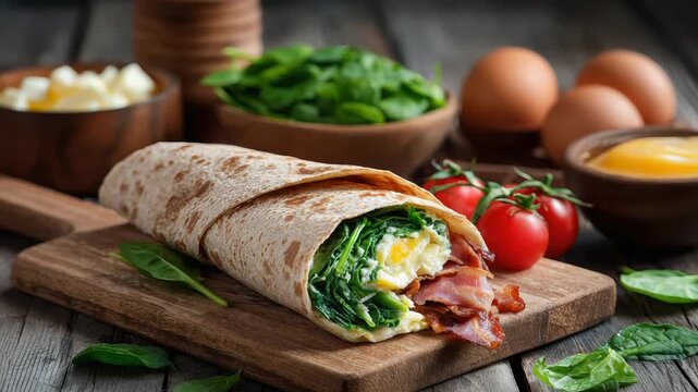 Fresh breakfast wrap preparation with spinach, tomatoes, eggs, and bacon on wooden board