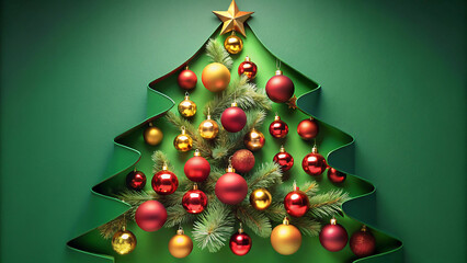 Festive christmas tree with ornaments and star on green background, holiday card