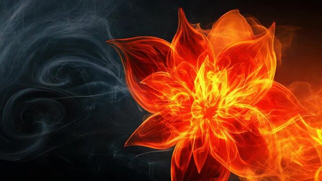 Fiery floral explosion: dynamic bloom of flames with swirling smoke