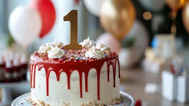 Celebratory cake with red drip and candle in party setting with balloons