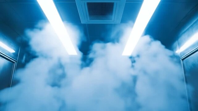 Modern interior space filled with blue haze and bright linear lighting