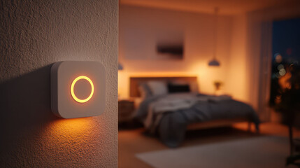 Closeup of a smart home lighting control panel on a wall, with a cozy bedroom in the background at night, creating a warm ambiance