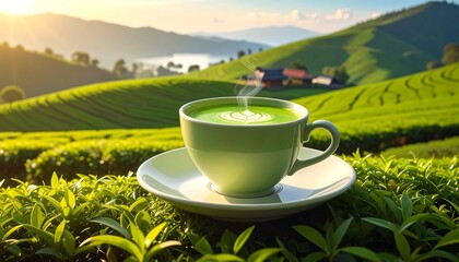Green Tea Cup in Lush Tea Plantation.