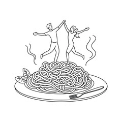 Joyful couple dancing on a plate of spaghetti with basil and fork