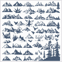 Collection of hand drawn mountain peaks and forest silhouettes in a vintage sketch style